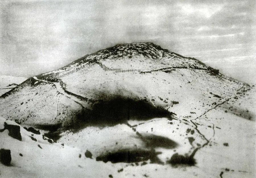 203 Metre Hill above Port Arthur, the height whose capture let the Japanese guns reach the harbour; photographed in 1909.