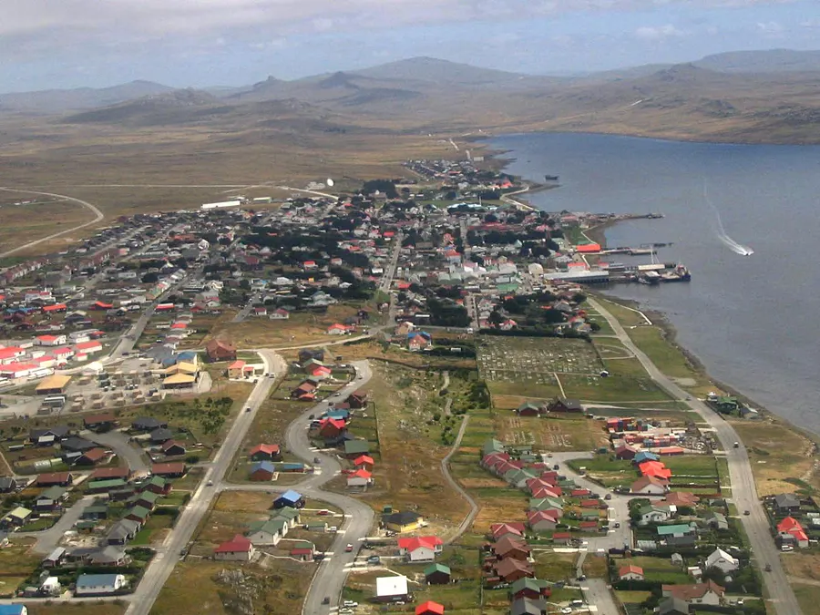 Stanley, the capital of the Falkland Islands, from the air.