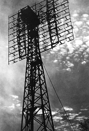 The Project Diana antenna at Fort Monmouth, New Jersey: 64 aerials in a grid in front of a flat reflecting screen.