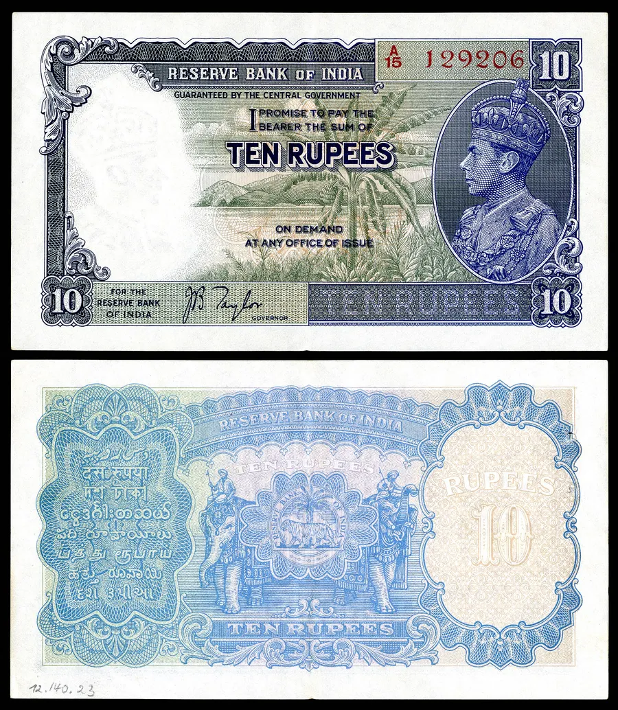 A Reserve Bank of India 10-rupee note of 1937, in the Smithsonian's National Museum of American History.