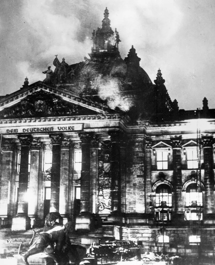 Firemen at work on the burning Reichstag, 27 February 1933.