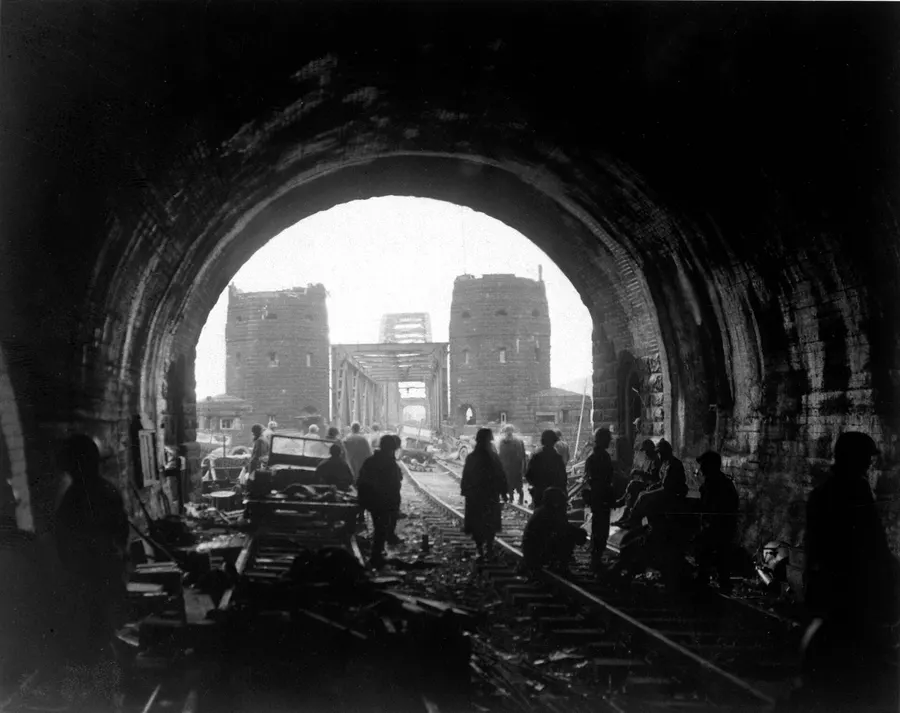 The Ludendorff Bridge seen from the railway tunnel on the east bank, days after its capture in March 1945.
