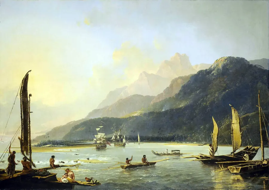 Resolution and Adventure at anchor in Matavai Bay, Tahiti, painted by William Hodges, the voyage's artist