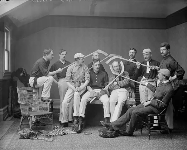 Early ice hockey players with their sticks in Ottawa, 1889.