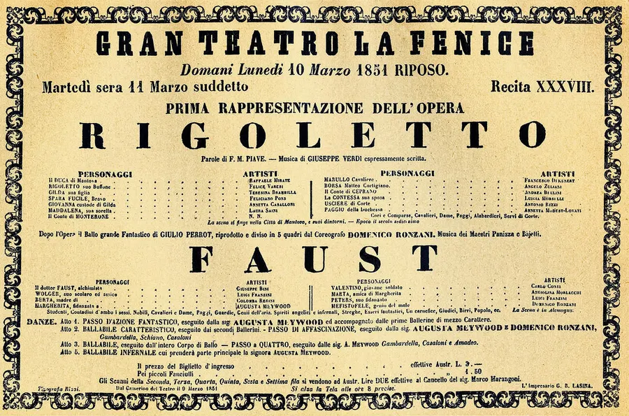 The poster for the first performance of Rigoletto at La Fenice, Venice, on 11 March 1851.