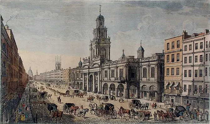 The second Royal Exchange, built after the Great Fire, in a print published by Thomas Bowles in 1751.