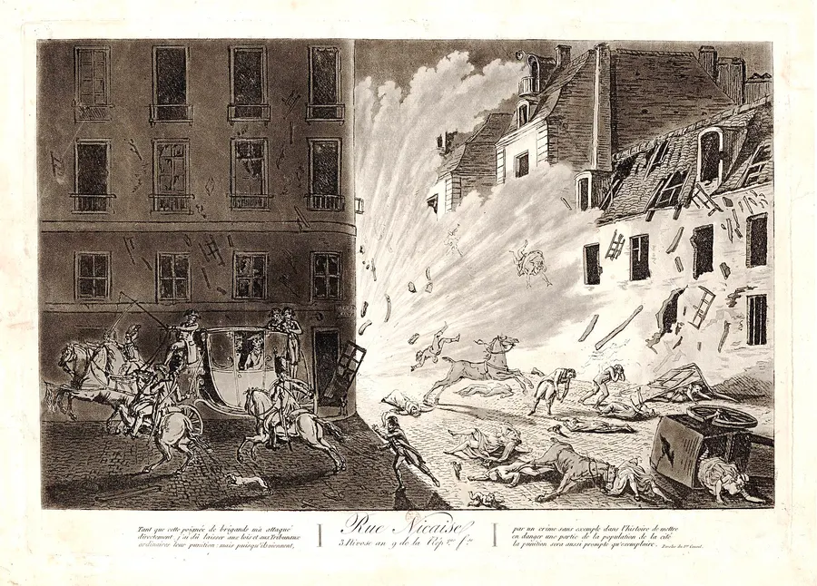 An engraving of the explosion in the rue Saint-Nicaise, 24 December 1800.