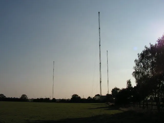 Masts of the Rugby Radio Station in England, which carried the radio link of the first transatlantic telephone service; photographed in 2005.