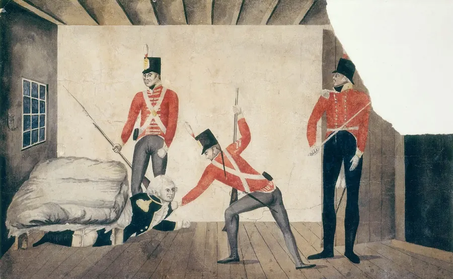 The arrest of Governor Bligh, a satirical watercolour of 1808 showing soldiers pulling him from under a bed (State Library of New South Wales).