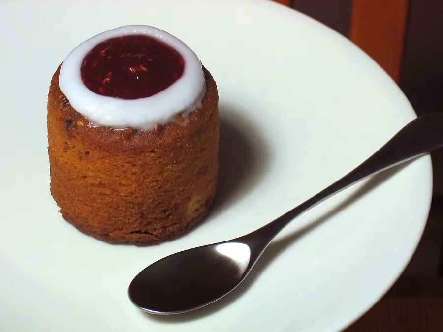 A Runeberg torte, the small almond cake topped with raspberry jam and icing that Finns eat on Runeberg Day.