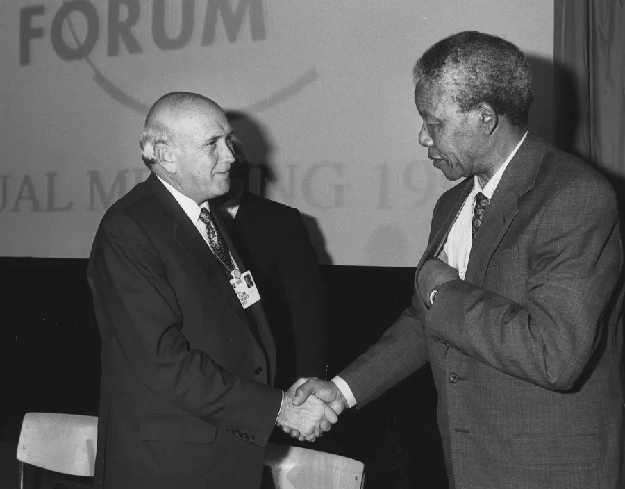 F. W. de Klerk and Nelson Mandela at the World Economic Forum in Davos, 1992.