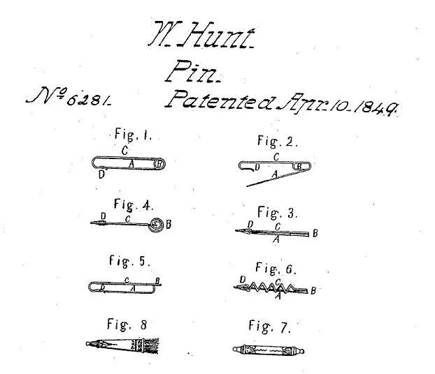 The drawing from Walter Hunt's safety pin patent, No. 6,281, dated 10 April 1849.