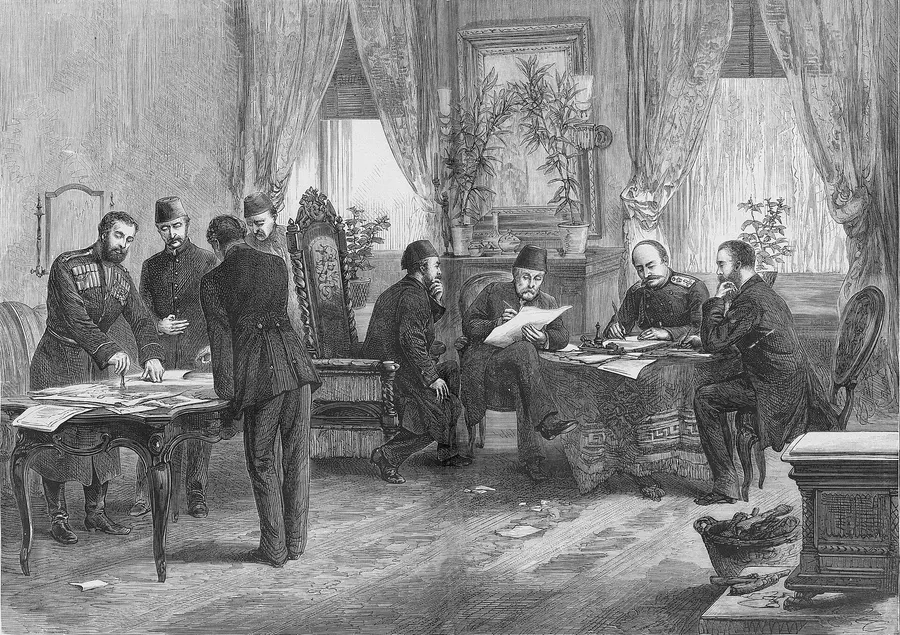The signing of the Treaty of San Stefano, in an engraving of 1878.