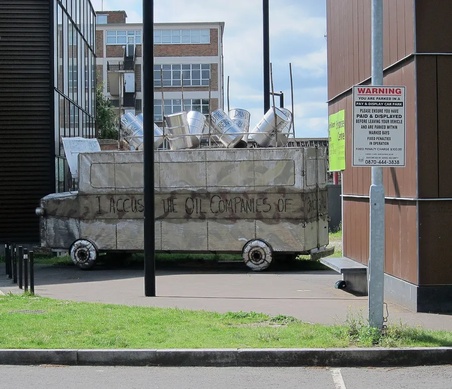 A steel sculpture of a Nigerian bus in north London, a memorial to Ken Saro-Wiwa, photographed in 2011.