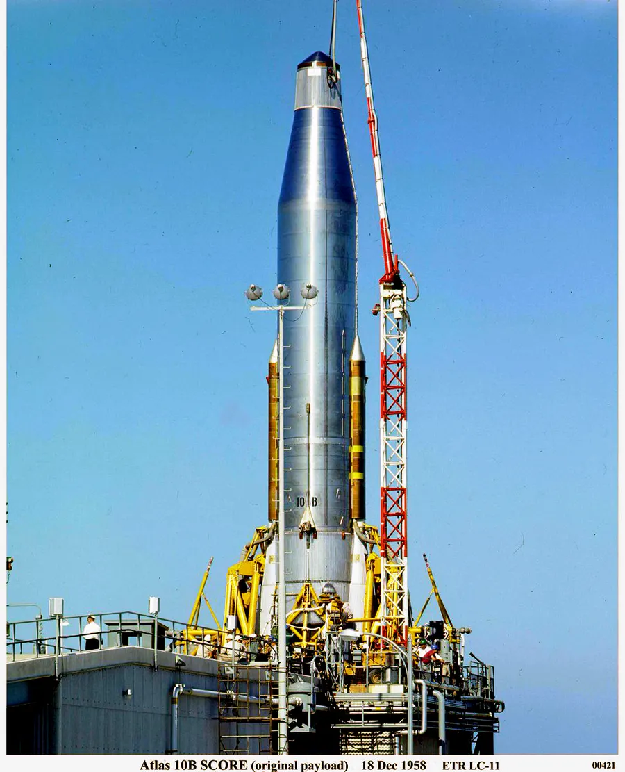 The Atlas 10B rocket carrying SCORE at Cape Canaveral, 18 December 1958.