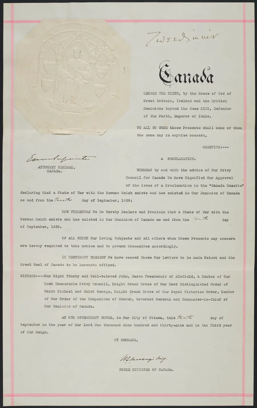 Canada's declaration of war on Germany of 10 September 1939, with the Great Seal attached, in Library and Archives Canada
