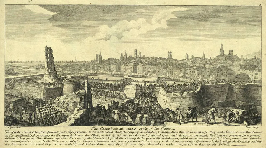 The general assault on Barcelona on 11 September 1714, an engraving after Jacques Rigaud