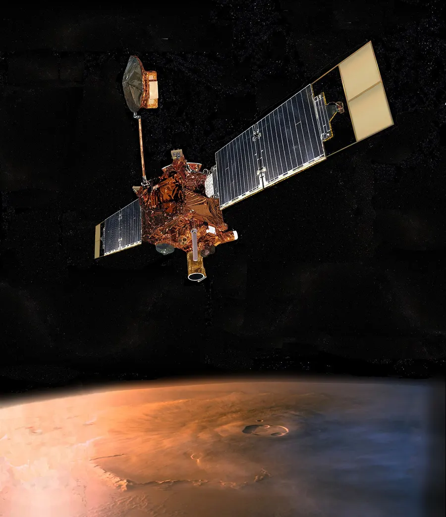 An artist's impression of NASA's Mars Global Surveyor in orbit above Mars