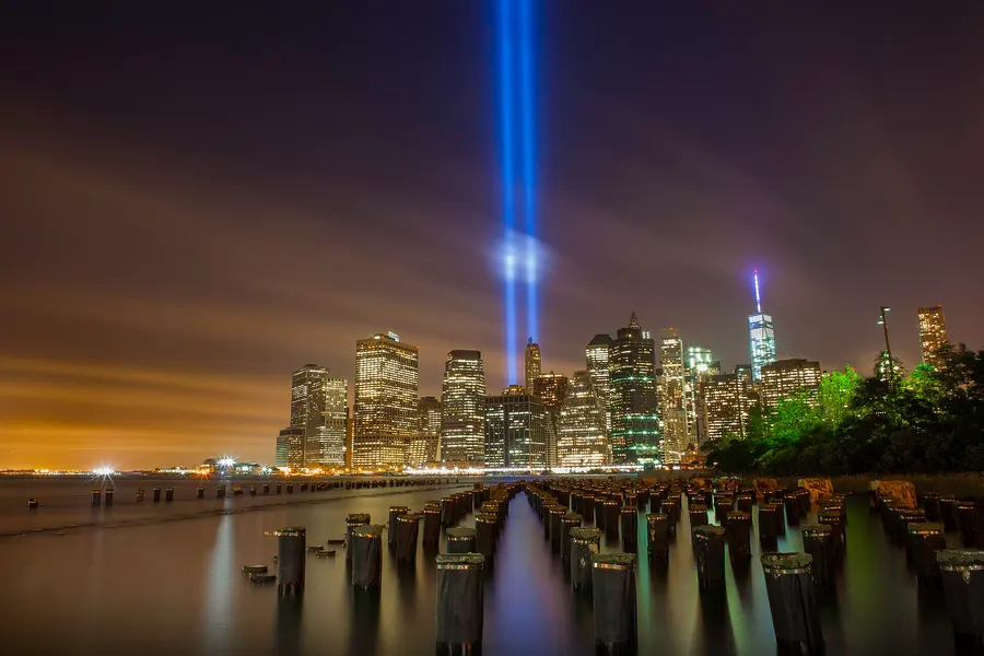 The Tribute in Light, twin beams shone into the sky over Lower Manhattan each year in memory of those killed on 11 September 2001, photographed in 2014