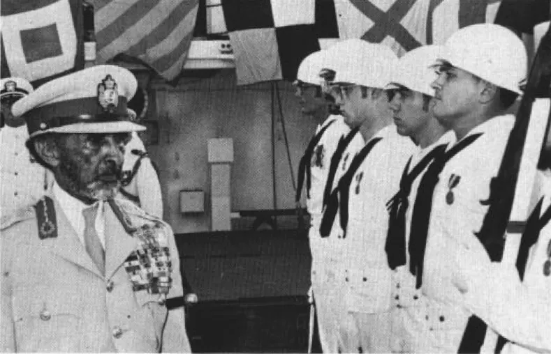 Emperor Haile Selassie I aboard the US Navy ship USS La Salle in 1973, the year before he was deposed