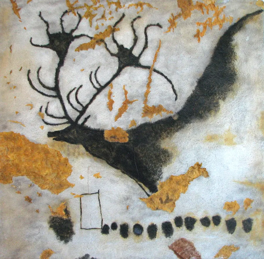 A painting of a giant deer, Megaloceros, on the wall of the Lascaux cave