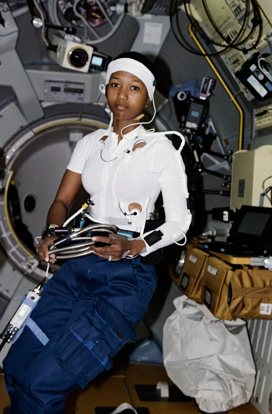 Mae Jemison floating weightless aboard Endeavour during the STS-47 mission in 1992
