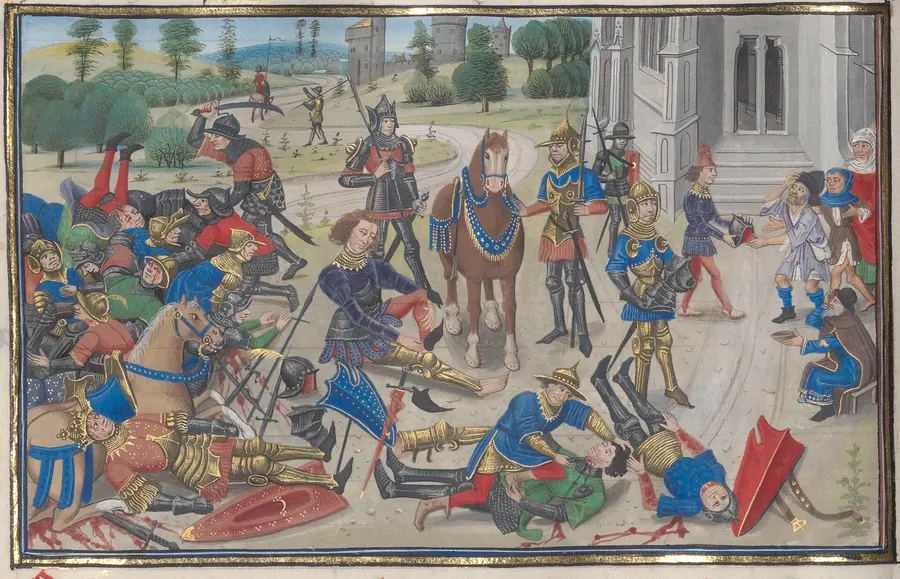 The Battle of Muret in a 15th-century illuminated manuscript of the Chroniques abrégées by David Aubert, Bibliothèque de l'Arsenal, Paris