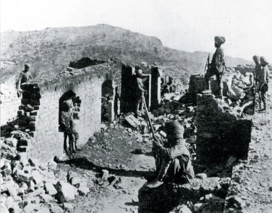 The ruins of the Saragarhi post, showing the main entrance, with Fort Lockhart in the distance