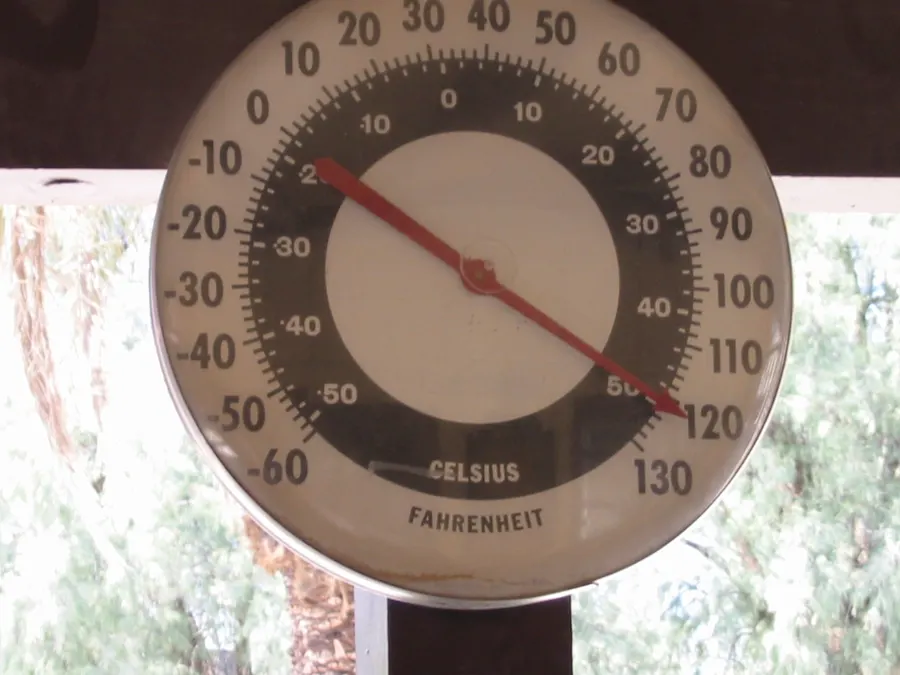 A thermometer at Furnace Creek in Death Valley, California, which now holds the world record