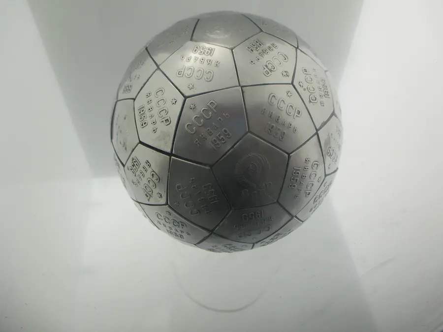 A copy of the Soviet pennant carried to the Moon by Luna 2, on display at the Kansas Cosmosphere