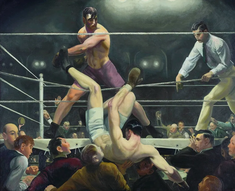 Dempsey and Firpo, painted in 1924 by George Bellows, who was at the ringside: Firpo knocks the champion through the ropes