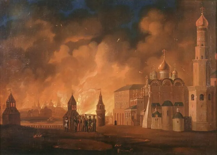 The fire of Moscow in September 1812, after Napoleon's army took the city, in a painting by A. Smirnov