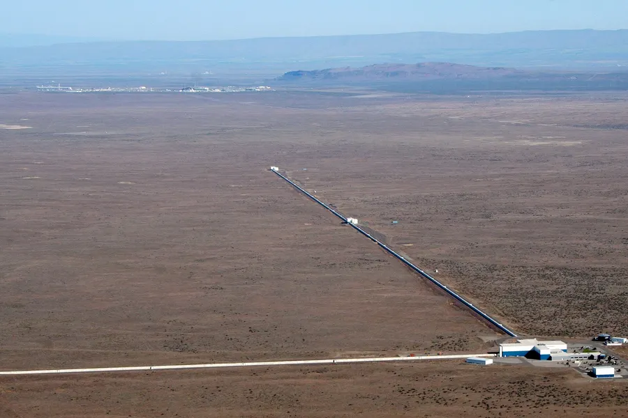 An aerial view of the LIGO observatory at Hanford in Washington state, with one of its two 4-kilometre arms stretching across the desert