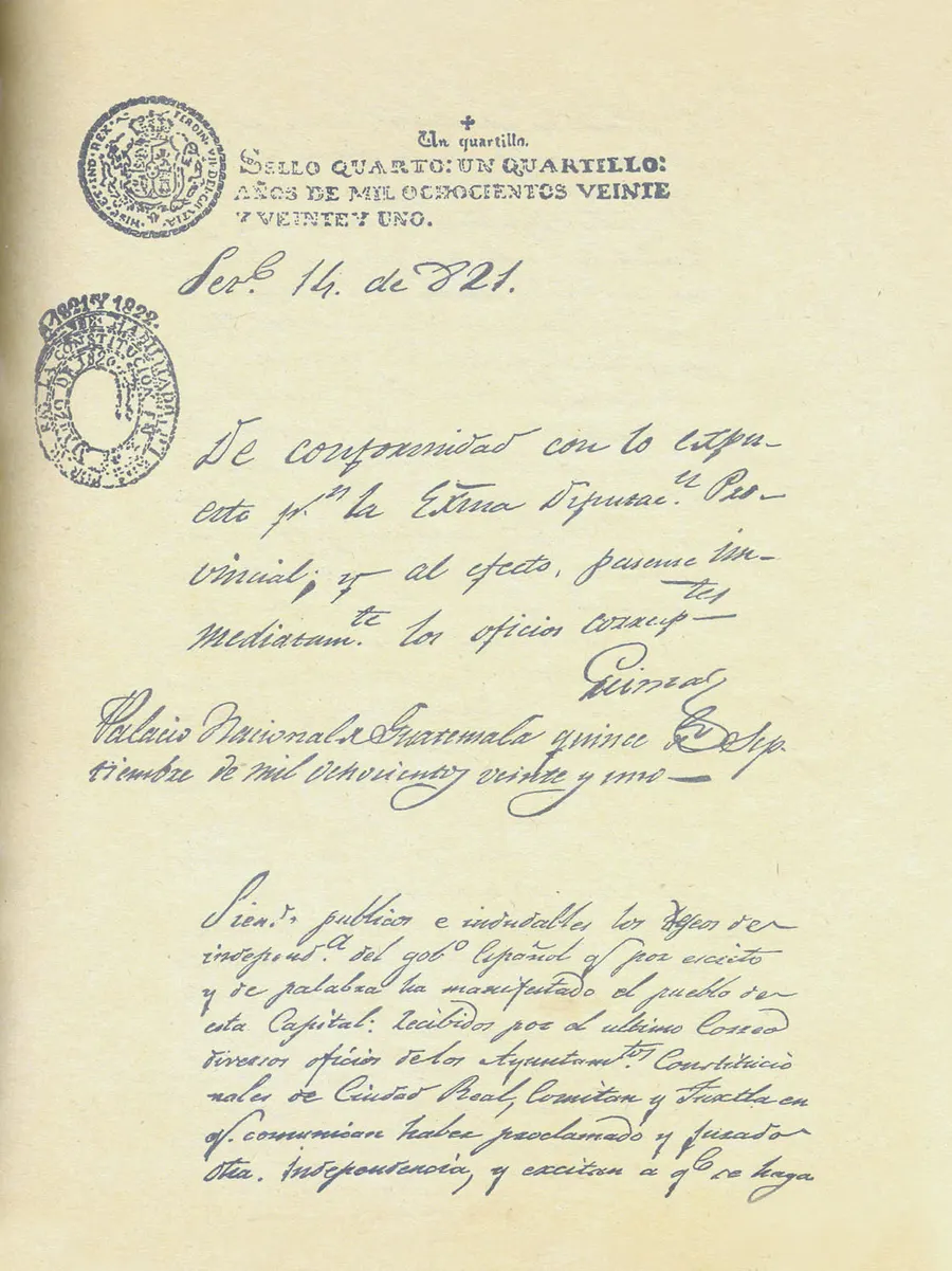 The first page of the Act of Independence of Central America, signed in Guatemala City on 15 September 1821