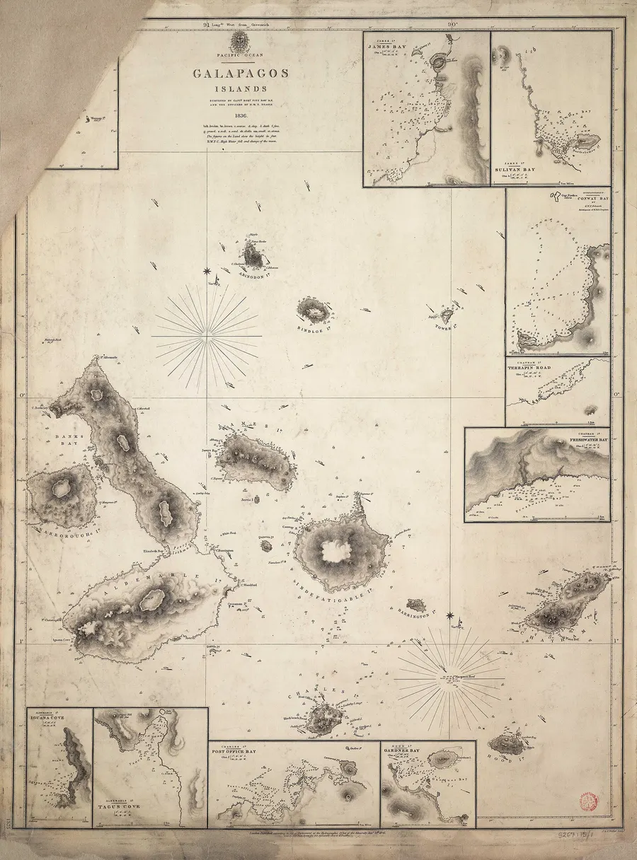 The Admiralty chart of the Galápagos Islands, published in 1841 from the survey made by Captain Robert FitzRoy and the officers of HMS Beagle