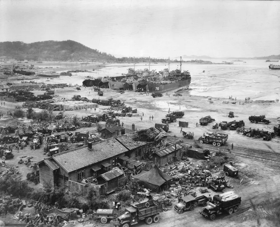 Landing ships unloading men and equipment on the beach at Inchon during the landings of September 1950