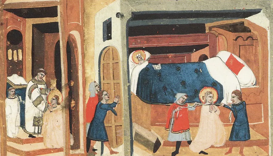 The murder of St Ludmila, with the young Wenceslas looking on, in a 14th-century illuminated copy of the Chronicle of Dalimil