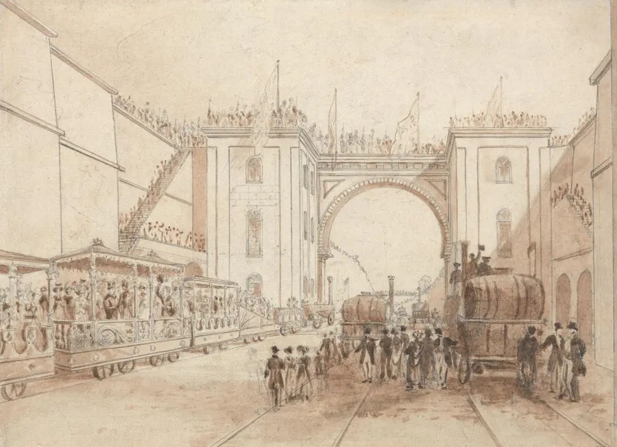 The Duke of Wellington's train at the Moorish Arch at Edge Hill, Liverpool, on the opening day of the railway, in a print by Isaac Shaw
