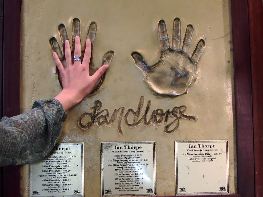 Ian Thorpe's hand prints, set in bronze at the Sydney Aquatic Centre