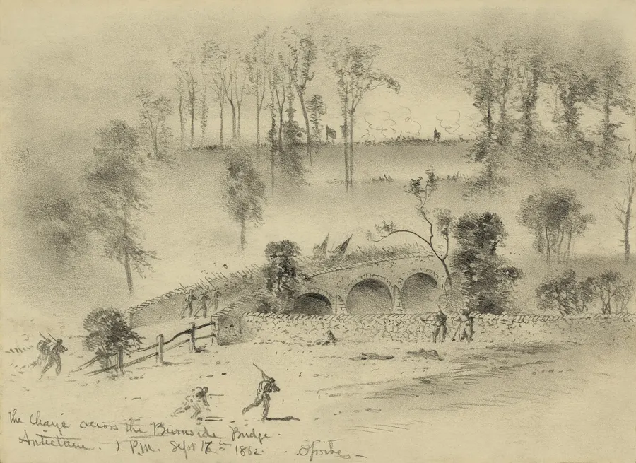 The charge across the Burnside Bridge at Antietam, drawn by the war artist Edwin Forbes