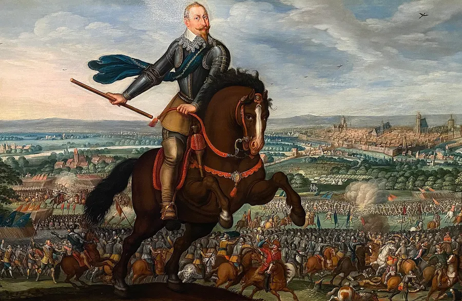 Gustavus Adolphus on horseback, with the Battle of Breitenfeld behind him, in a painting photographed in Strasbourg