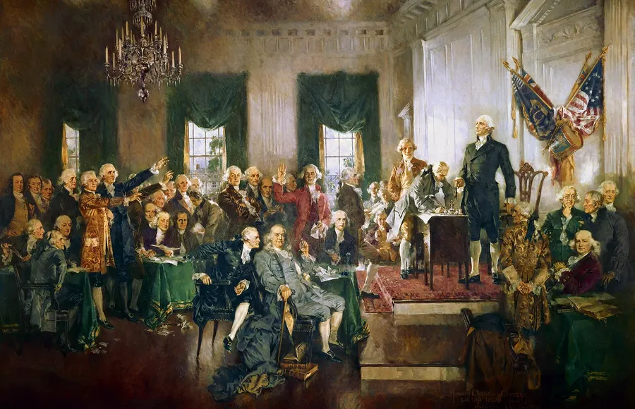 Scene at the Signing of the Constitution of the United States, painted by Howard Chandler Christy in 1940, with George Washington presiding