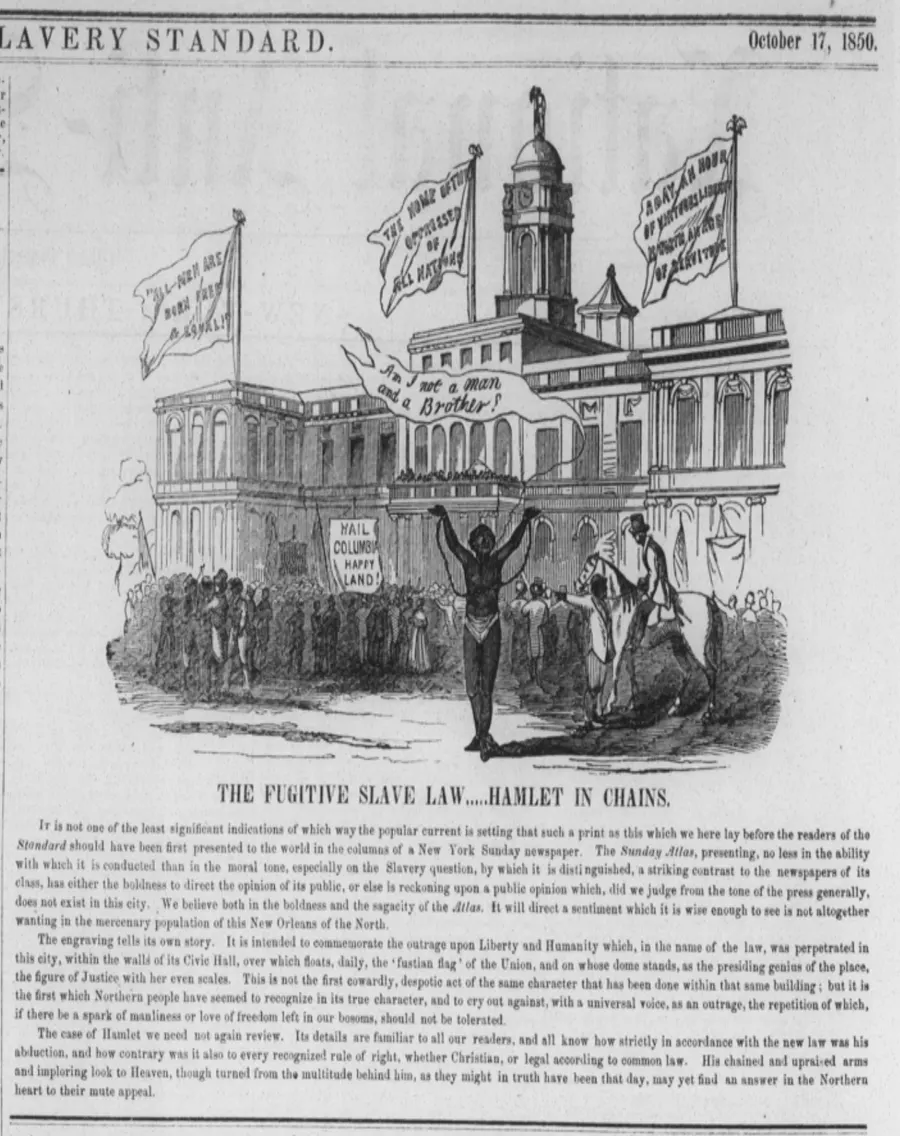 A newspaper print of October 1850 showing James Hamlet, the first person returned to slavery under the new law, in front of New York's City Hall