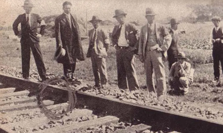Japanese investigators inspect the site of the explosion on the South Manchuria Railway near Mukden in September 1931
