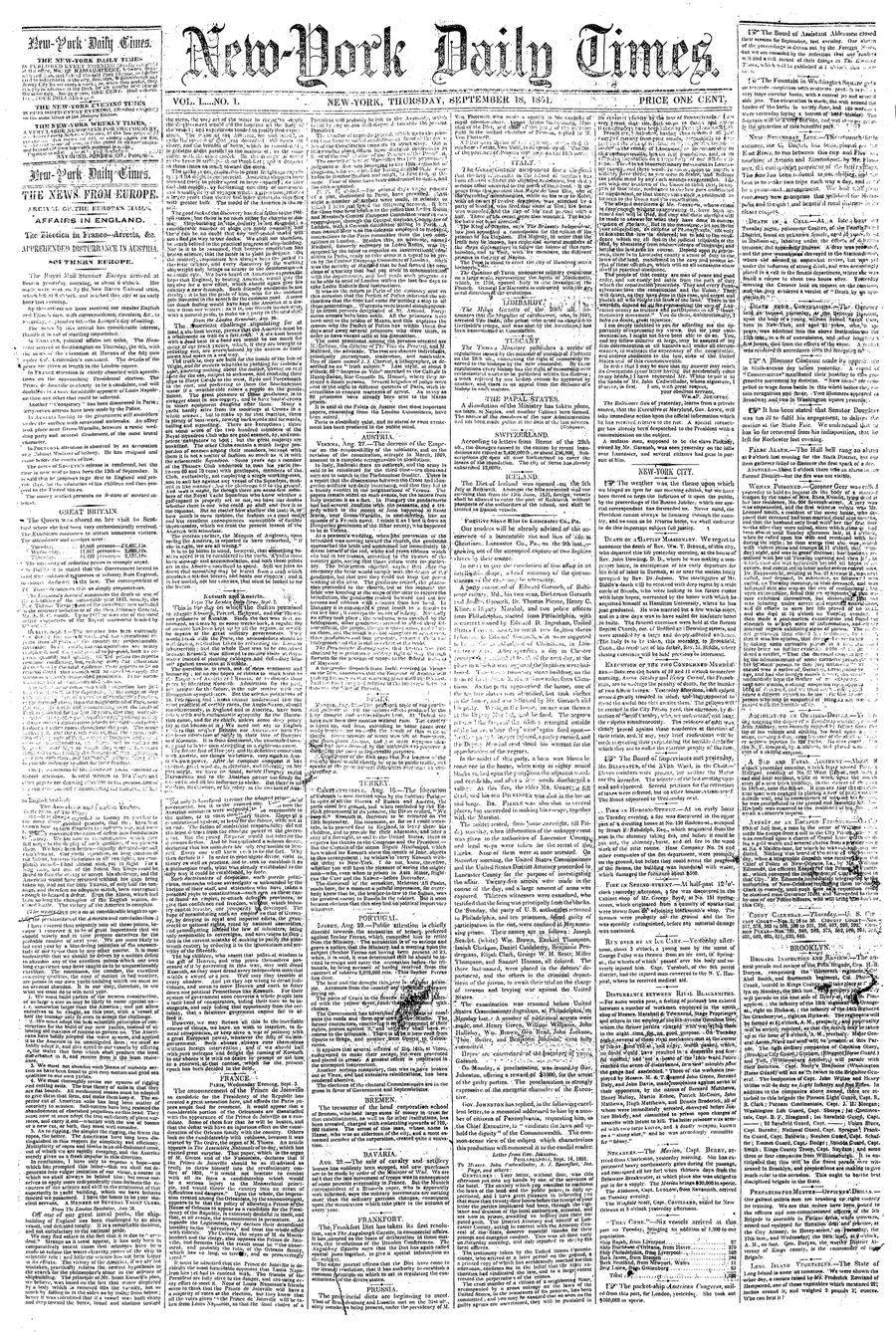 The front page of the first issue of the New-York Daily Times, 18 September 1851