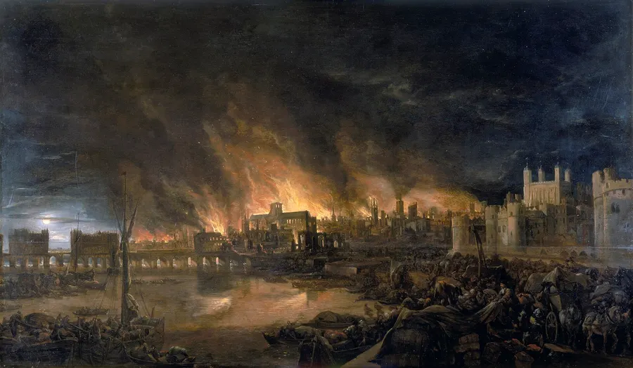 The Great Fire of London seen from a boat near Tower Wharf, with Old London Bridge and Old St Paul's, painted by an unknown artist around 1675