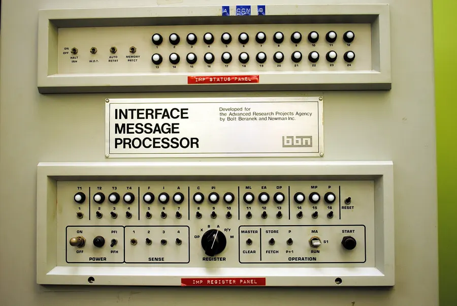 The front panel of the first Interface Message Processor, the machine installed at UCLA in 1969 that became the first node of the ARPANET