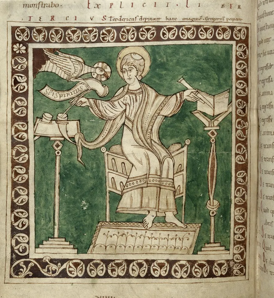 Pope Gregory the Great writing, inspired by the Holy Spirit in the form of a dove, in an early 12th-century manuscript at the British Library