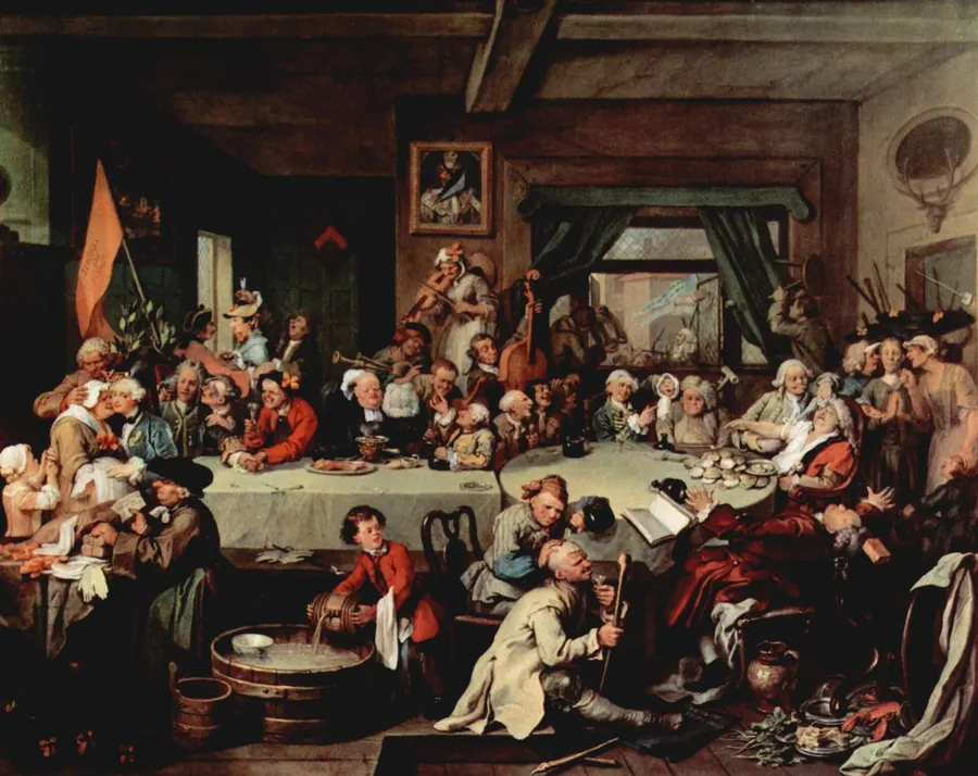 An Election Entertainment by William Hogarth, 1754-55, in which a captured banner reads 'Give us our eleven days'