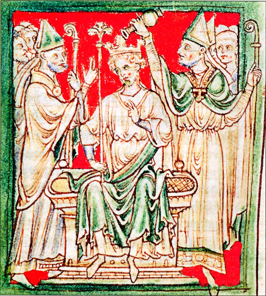 Richard I being anointed at his coronation in Westminster Abbey, in a 13th-century manuscript illustration attributed to Matthew Paris